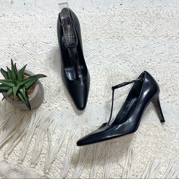 Coach black leather pointed toe T strap high heels
